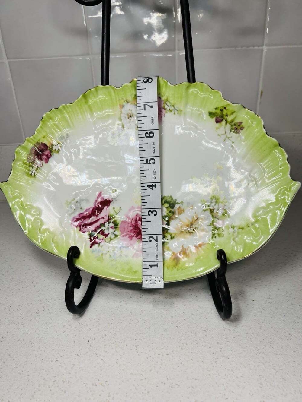 A Lanternier Limoges Floral Oval Serving Bowl 11” Green Gold Trim - Picture 5 of 6